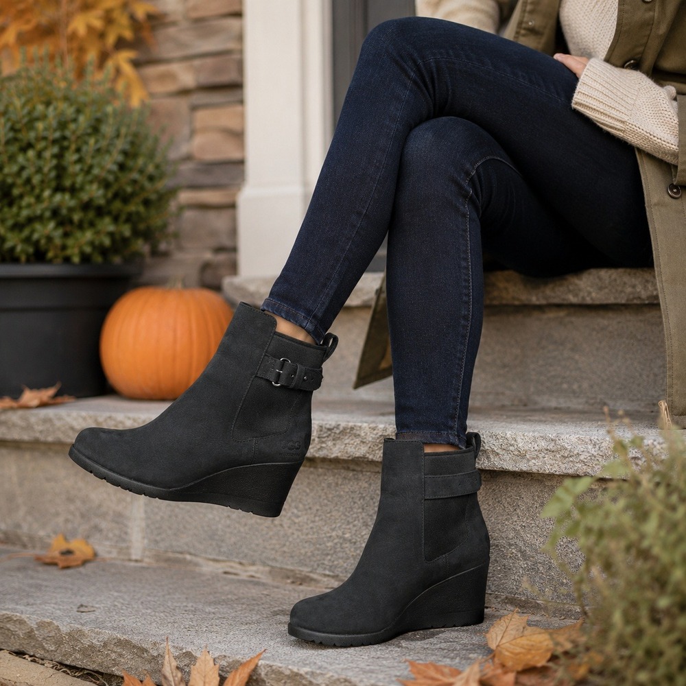 UGG Indra Ankle Boots Waterproof Leather Wedge Chelsea Black Women's Size 6.5